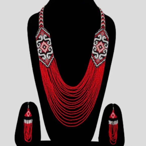 Handmade Beaded Jewelry Set – Boho Necklace & Earrings Red - Picture 1 of 2
